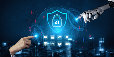 Fototapeta premium A striking visual of a human hand and a robotic hand reaching out, symbolizing the synergy between artificial intelligence and data security in a modern, digital landscape. Cyphers