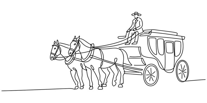 A single continuous line drawing of a vintage stagecoach pulled by two strong horses with a driver sitting on top Vector, illustration