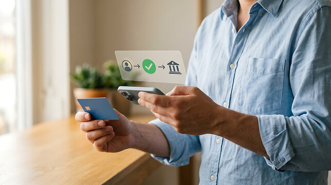 Man holding credit card and smartphone making secure digital money transfer to bank account