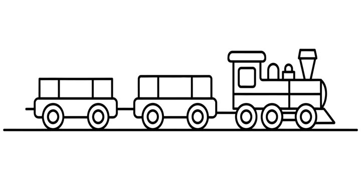 Simple black and white line art drawing of a classic steam locomotive train with two cargo wagons on a straight track Vector, illustration