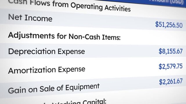Cash Flow Statement list scrolling with all the expenses and sales breakdown, 4k animation, business, money, sales, finance