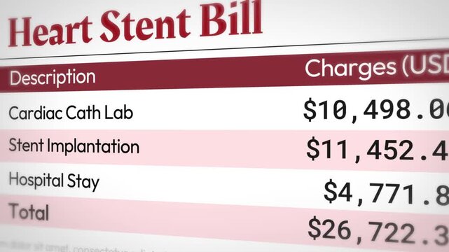 Heart stent cost analysis detailing expenses for cardiac cath lab, stent placement, and hospital stay charges 4k animation