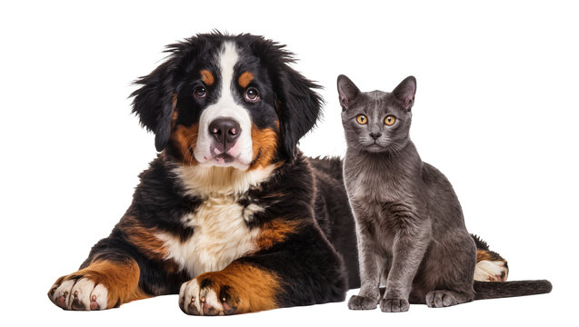 Isolated Bernese Mountain Dog puppy and attentive grey cat companion posing together