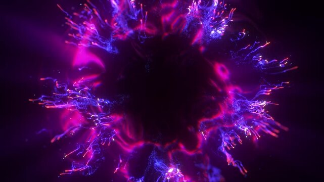 4K Blue Glitter Particle Explosion Abstract Light Burst Background Animation Video. Purple particles isolated on black. Trend effect for motion design, overlays, intros, or festive visuals.