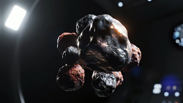 A futuristic concept animation showing a cluster of rough metallic and rusty ore stones floating and rotating under laboratory spotlights.
