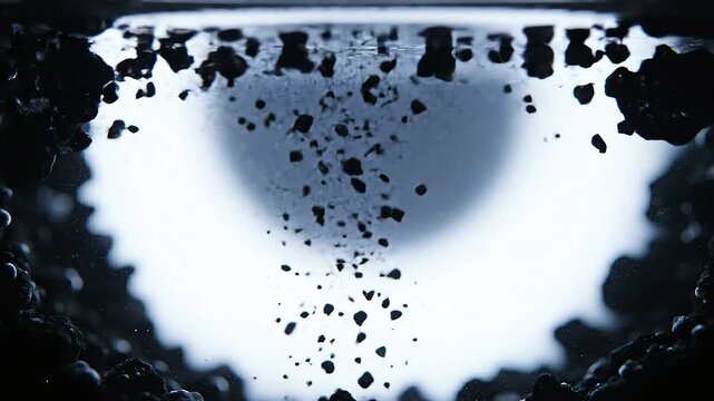 A close up shot of abstract black debris or charcoal pieces slowly dissolving and scattering in water against a bright circle light.
