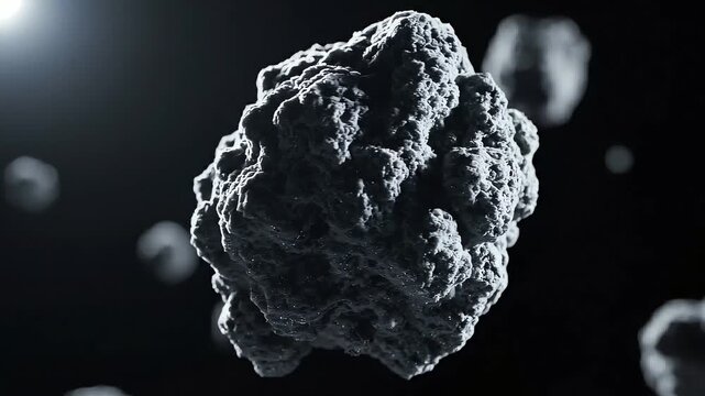 A cinematic close up of a rough textured stone asteroid floating slowly against a dark space background with stars.
