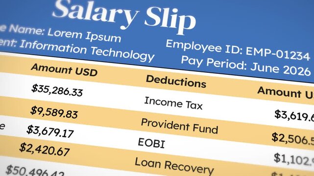 Digital salary slip template featuring earnings, deductions, employee detail and pay period for financial documentation, 4k footage close up