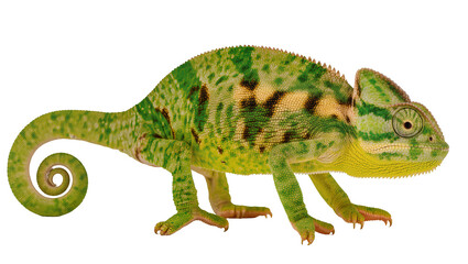 Naklejka premium Isolated vibrant green and yellow veiled chameleon standing, showing detailed scales and coiled tail