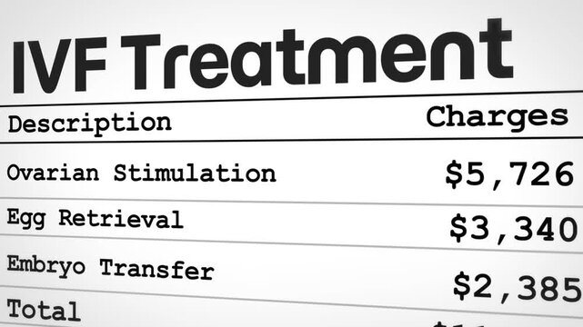 IVF treatment cost breakdown for ovarian stimulation, egg retrieval, and embryo transfer process step by step bill design, 4k footage