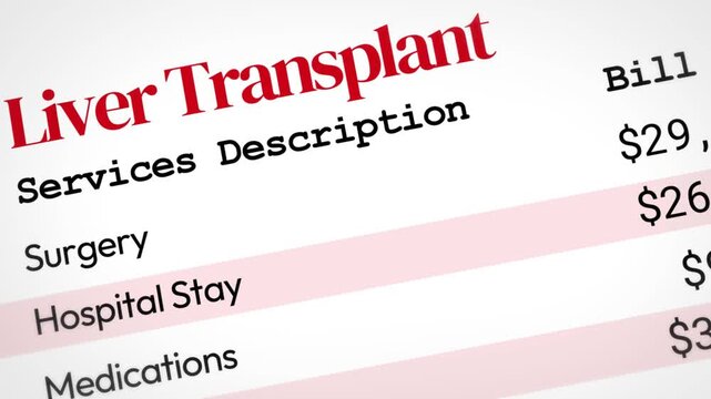 Liver transplant cost breakdown animation shows surgery, hospital stay and medication expenses in healthcare billing 4k animation