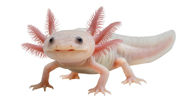 Isolated cute pink axolotl, a smiling Mexican walking fish with distinctive feathery gills