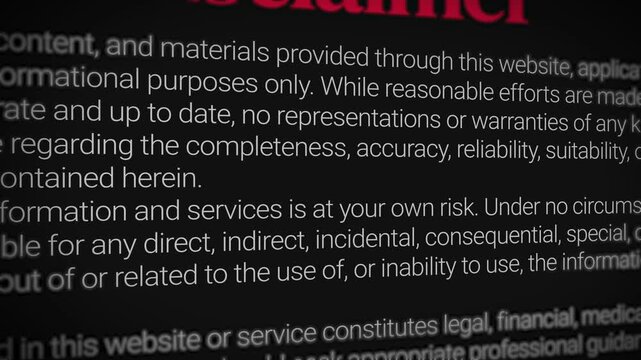 Disclaimer text on black background emphasizing accuracy, reliability and risk, message backdrop