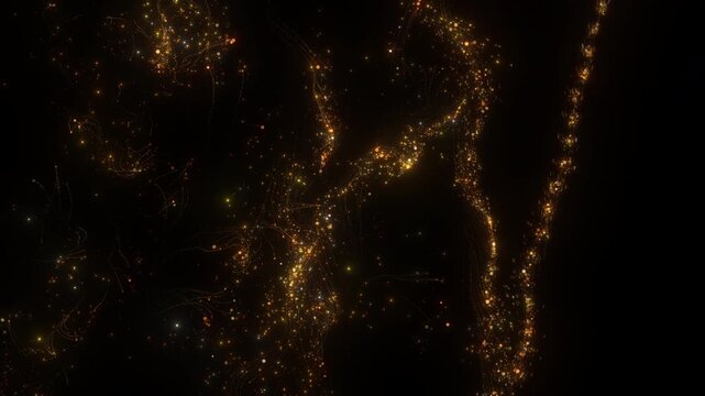4K Golden Glitter Particle Streams Abstract Background Animation, Flowing Light Ribbons with Sparkling Dust on Black for Motion Graphics, Luxury Overlays and Intros