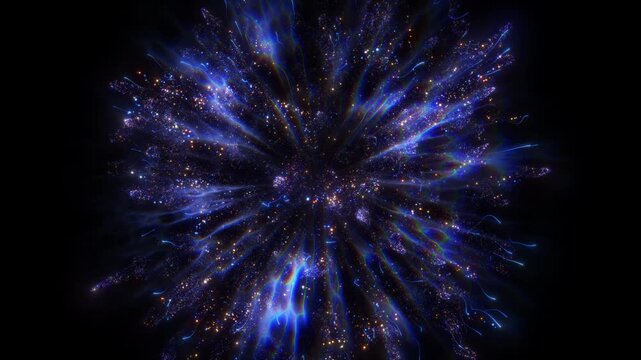 4K Blue Glitter Particle Explosion Abstract Light Burst Background Animation Video. Purple particles isolated on black. Trend effect for motion design, overlays, intros, or festive visuals.