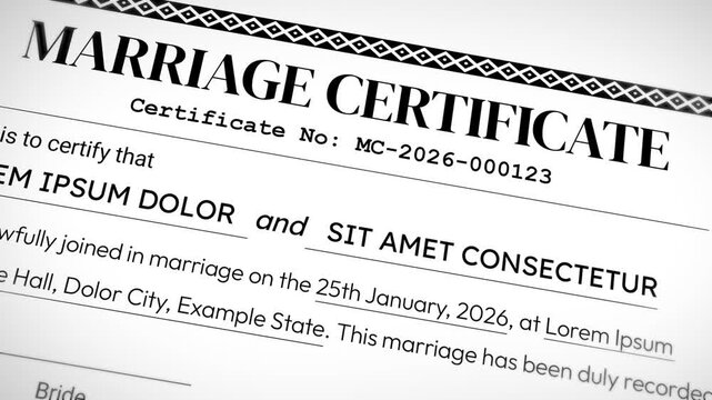 Marriage certificate template featuring placeholder text with date and name place design 4k footage close up
