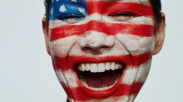 female model with patriotic usa flag face paint celebrating fourth of july independence day