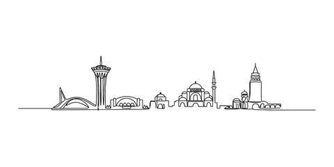 Obraz premium Continuous single line drawing of istanbul city skyline featuring famous mosques and historical towers in a minimalist style Vector, illustration