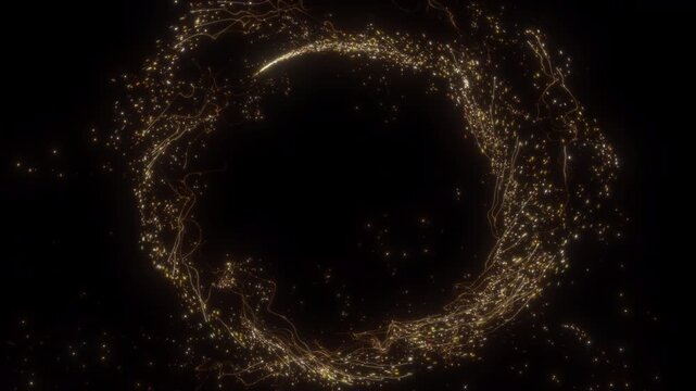 4K Flight of gold bokeh particles. Light magic sparkling glitter golden. On black background. sparkles crossing particles dust gold shining. Christmas, event, year new, anniversary, birthday, Diwali