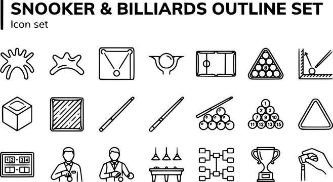 Snooker and Billiards Outline Complete Icon Set with Cue Rest, Break Shot, Pot Ball and Baize Table, 20 Icons Editable Vector Line Art