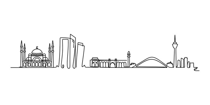 Doha city skyline continuous line drawing illustration featuring the mosque and modern skyscrapers in a minimalist art style Vector, illustration