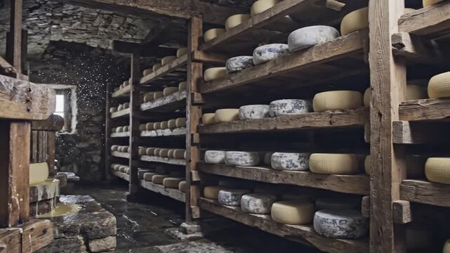 A side view of stacked cheese wheels neatly arranged on wooden shelves in a storage room with stone walls and wooden beams, captured from a slightly elevated angle. The scene is static andi.
