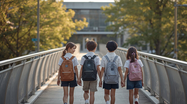 Diverse Group of School Children Walking Together with Backpacks on a Bridge Towards School During Sunrise
