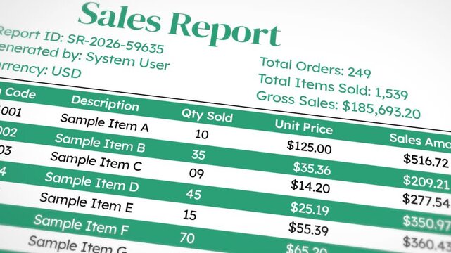 Sales report animation displaying item codes, quantities, unit prices, and total sales in 4k format design, top view, sales, business, report