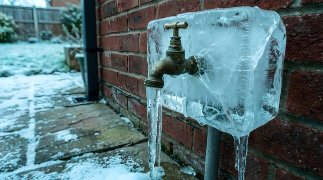 Frozen outdoor brass water tap encased in solid block of ice against a red brick wall on cold snowy winter day