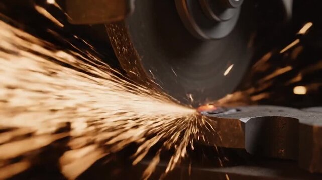Close-up view of a grinding wheel in action, creating intense sparks in an industrial environment. The dynamic scene highlights the interaction between the wheel and the metal surface, setl.