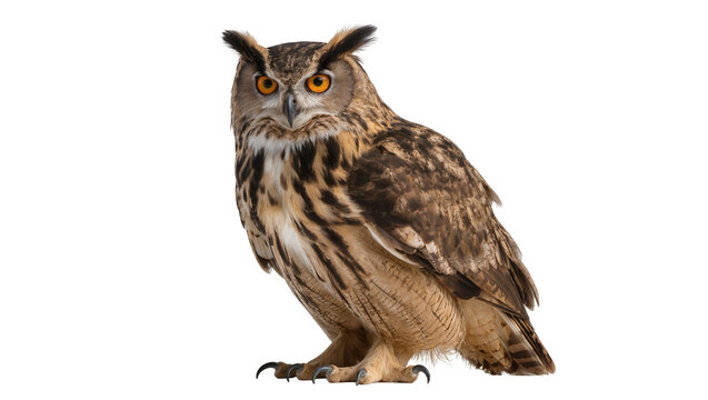 Isolated powerful Eurasian eagle owl with intense orange eyes and prominent ear tufts