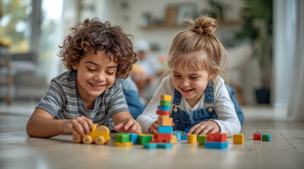 Obraz premium Happy Young Children Playing Together with Colorful Wooden Blocks and Toy Car on Living Room Floor