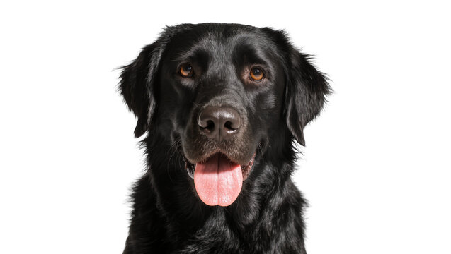 Isolated cheerful black Flat-Coated Retriever dog looking directly at camera with tongue out