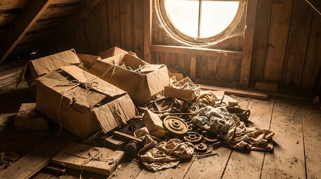 Dusty attic with old boxes and mechanical gears lit by bright sunlight through a round wooden frame window top