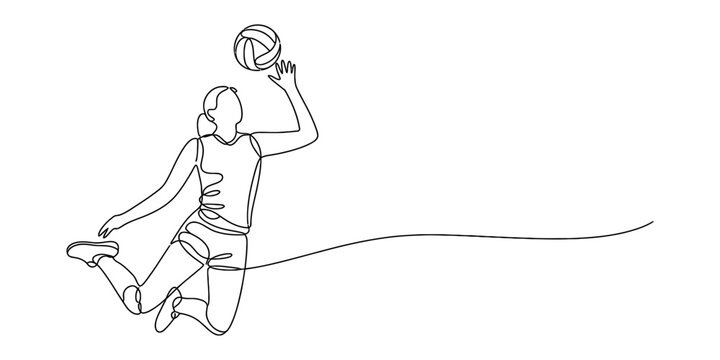Continuous single line drawing of a female volleyball player jumping to hit the ball in a dynamic sports action pose Vector, illustration