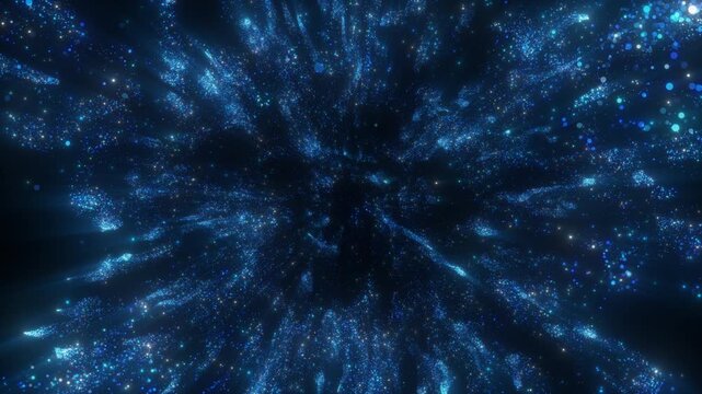 4K Blue Particle Explosion Background Animation, Glowing Energy Burst with Sparkling Light Rays on Black for Motion Graphics, Overlays and Intros. 3d Shockwave effect. Technology web header.
