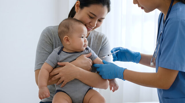 Mother holding infant baby while female nurse in blue gives vaccination injection