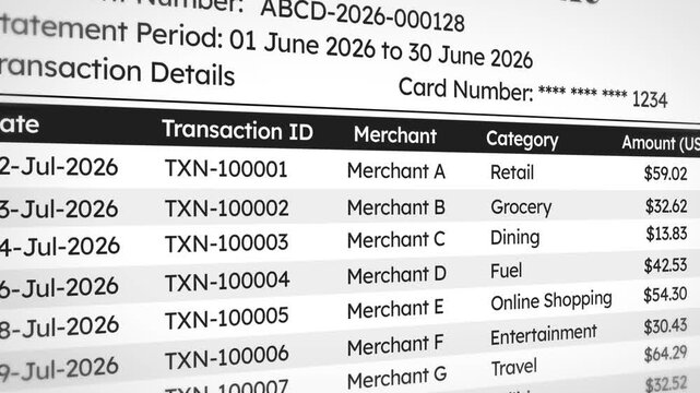 Transaction list table featuring merchant categories and amounts for retail grocery dining and more ideal for financial analysis 4k animation