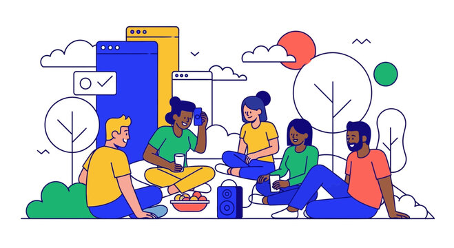 Diverse friends enjoying outdoor picnic and music sharing in park
