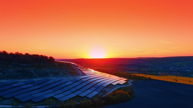 Aerial solar plant following ridge at sunset, curved rows extend beside dirt road and valley fields.