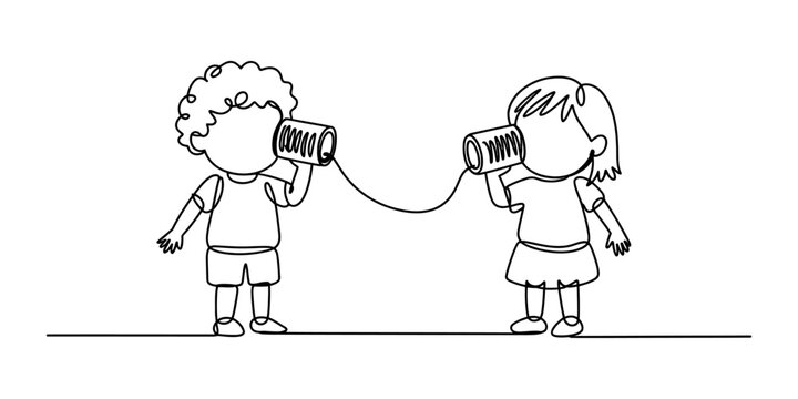 Little boy and girl talking using a tin can telephone line as a simple continuous line art drawing Vector, illustration