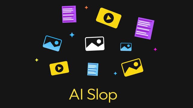 Vibrant 4k animation of colorful digital media on dark background with ai slop text, 4k animation