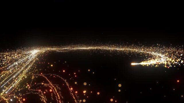 4K Flight of gold bokeh particles. Light magic sparkling glitter golden. On black background. sparkles crossing particles dust gold shining. Christmas, event, year new, anniversary, birthday, Diwali