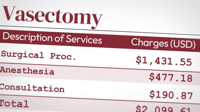 Vasectomy cost analysis including surgery, anesthesia and consultation fees total charges, 4k animation medical bill concept