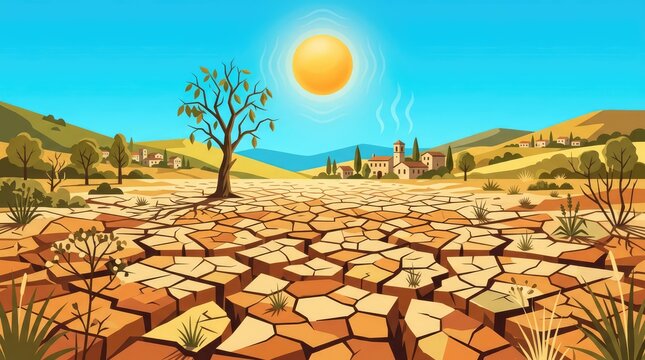 Dry Landscape with Cracked Soil and Dried River Caused by Extreme Heatwave and High Temperature Showing Climate Change and Drought Crisis
