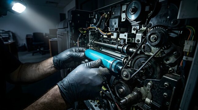 Close up of hands in black nitrile gloves installing a cyan OPC drum in a copier under a bright spotlight beam