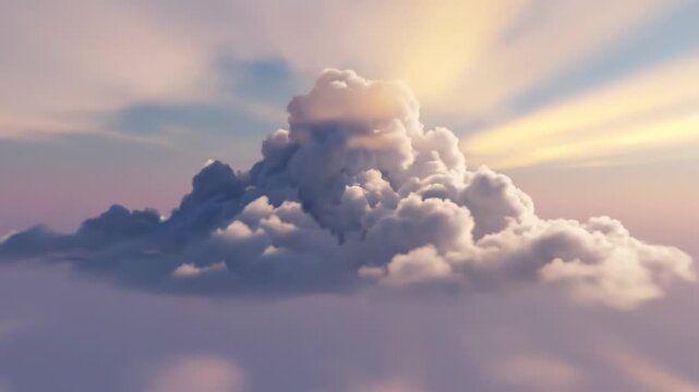 Cinematic 3D render of a single large fluffy cumulus cloud formation drifting in a minimalist pastel gradient sky featuring soft pink, purple, and blue ambient lighting.