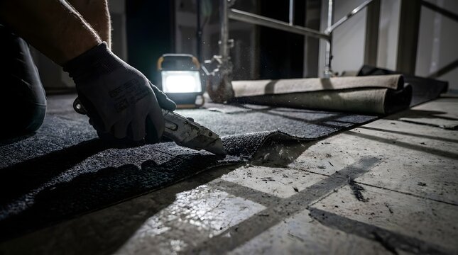 A pro worker cutting black bitumen waterproof membrane with a utility knife in dark construction site lighting