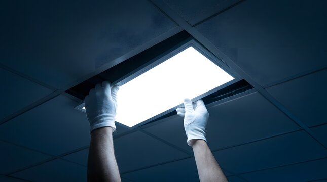 Worker hands in white gloves installing a bright square LED light panel into a dark office drop ceiling grids.