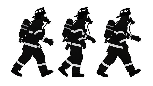Isolated three silhouettes of professional firemen walking in uniform with safety gear.
